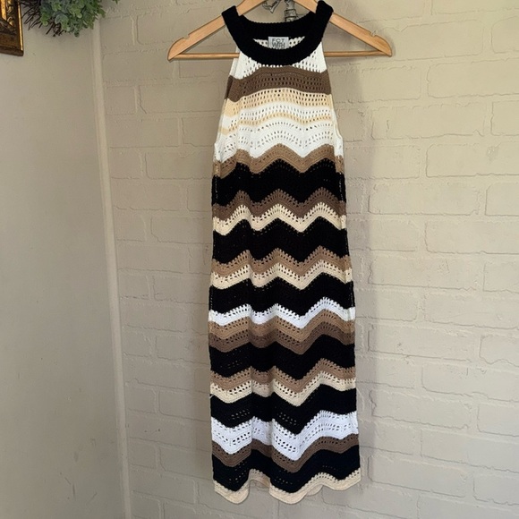 Crochet dress striped chevron zig zag knit midi sleeveless large stretch NEW - Picture 2 of 5